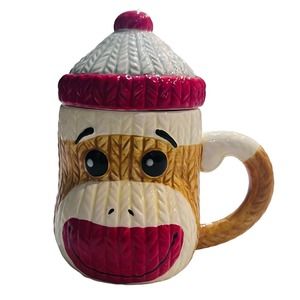 Cracker Barrel Sock Monkey Coffee Mug Cup With Lid Textured Surface